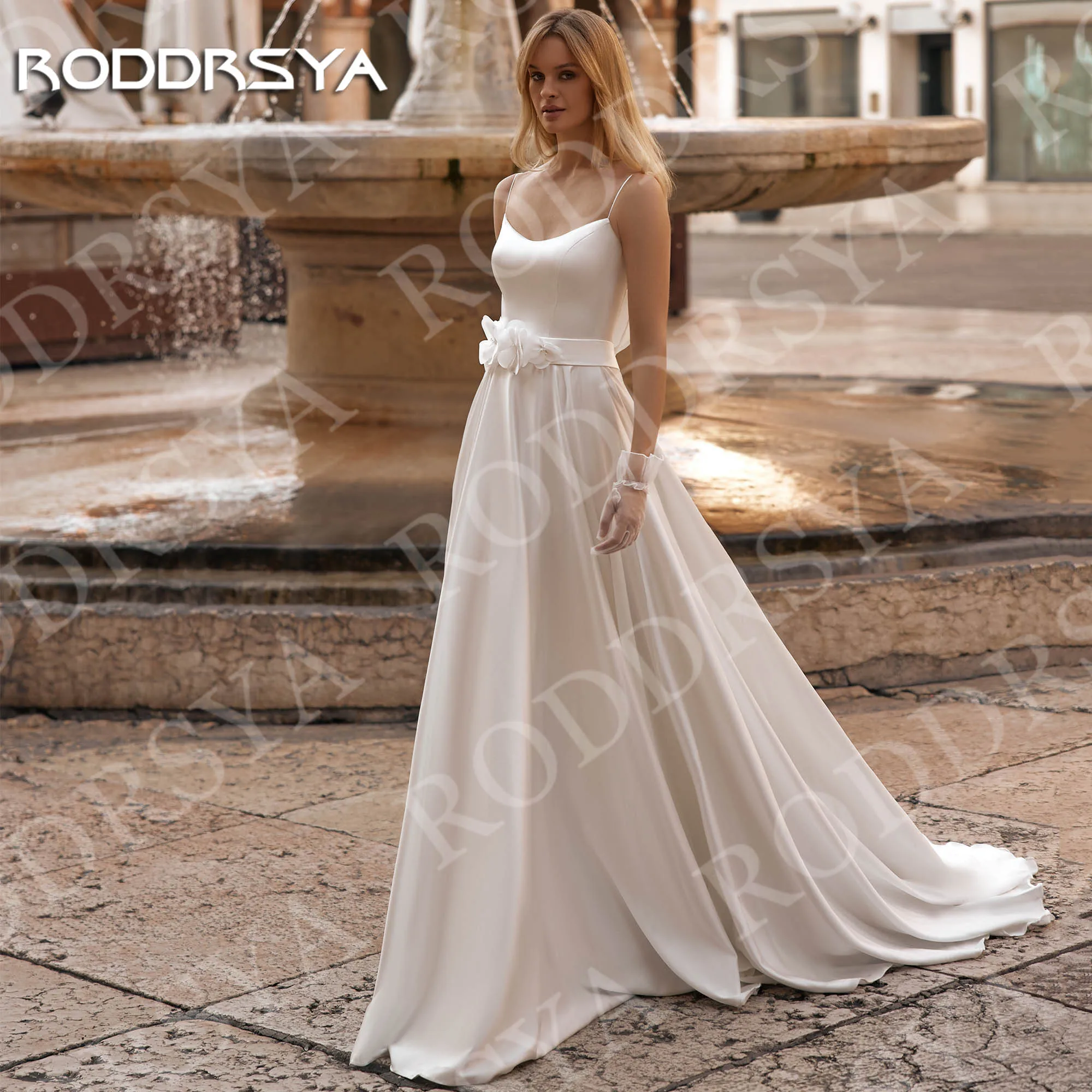 

RODDRSYA Elegant Sleeveless Wedding Dress Spaghetti Straps Satin A Line Bridal Gown Customized with Flower Belt robe de mariée
