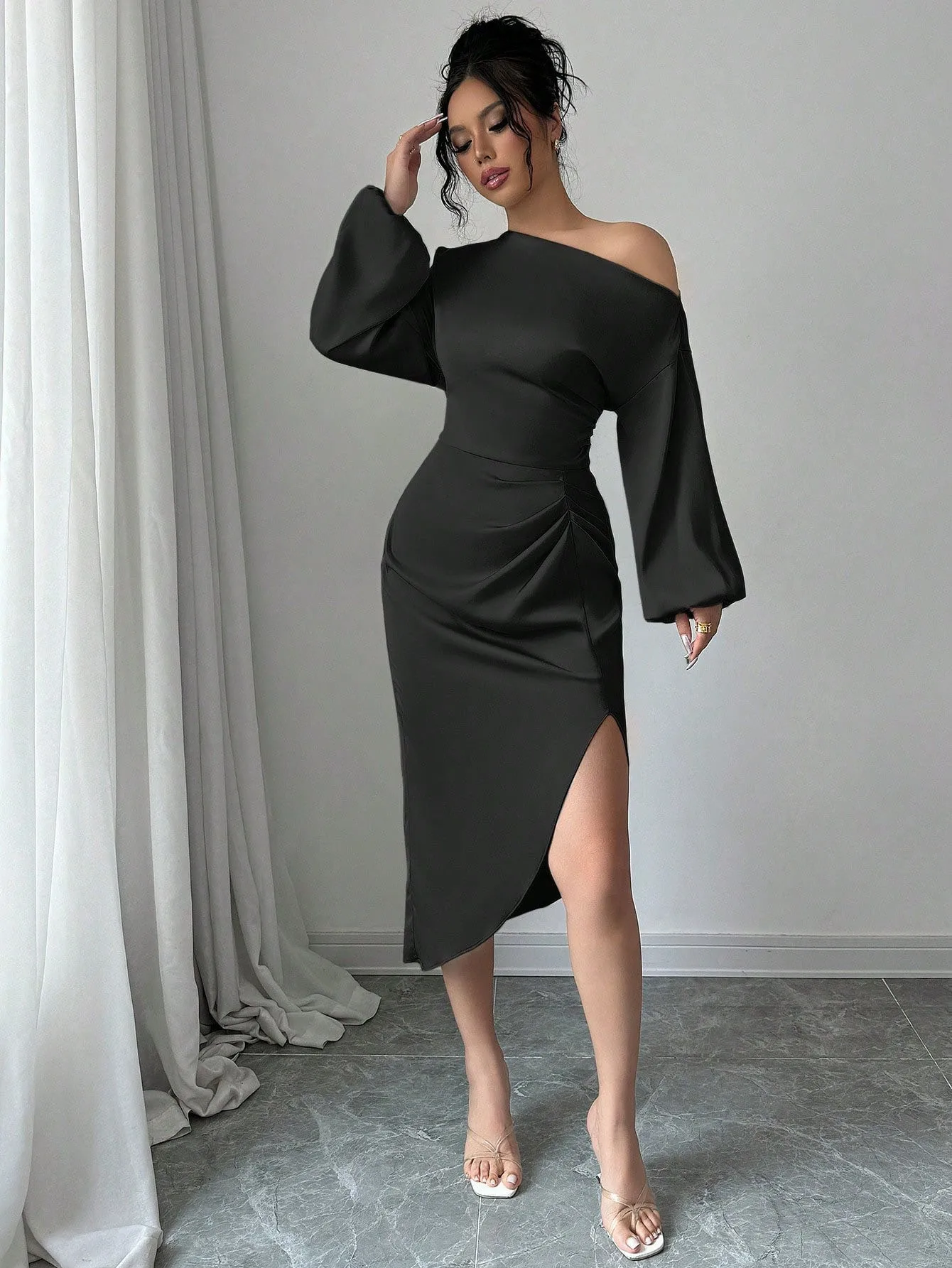 Prom Dress Wedding Guest Party Off Shoulder Puff Sleeve Dresses Solid Black Wrap Detail Evening Dress Side Slit Maxi Dress - view 4
