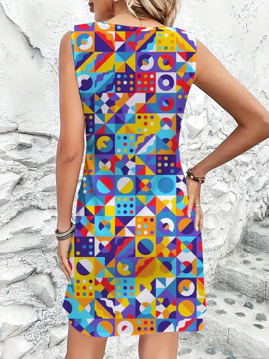 

Colorful Geometric Print Women Round Neck Sleeveless Casual Summer Dress