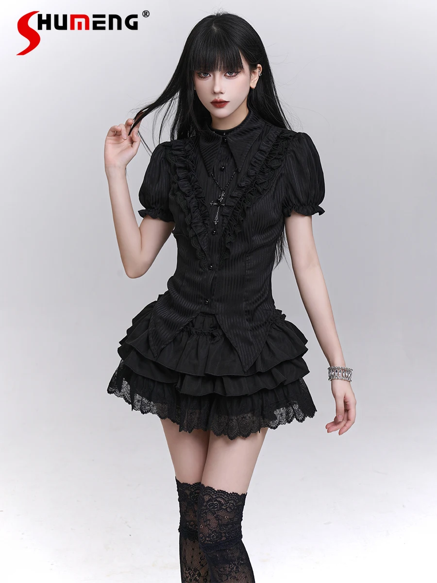 ダークゴシックサブカルチャースタイルスイートクールガール衣装ポロネックパフスリーブフリルスプライスシングルブレストブラックシャツトップ女性