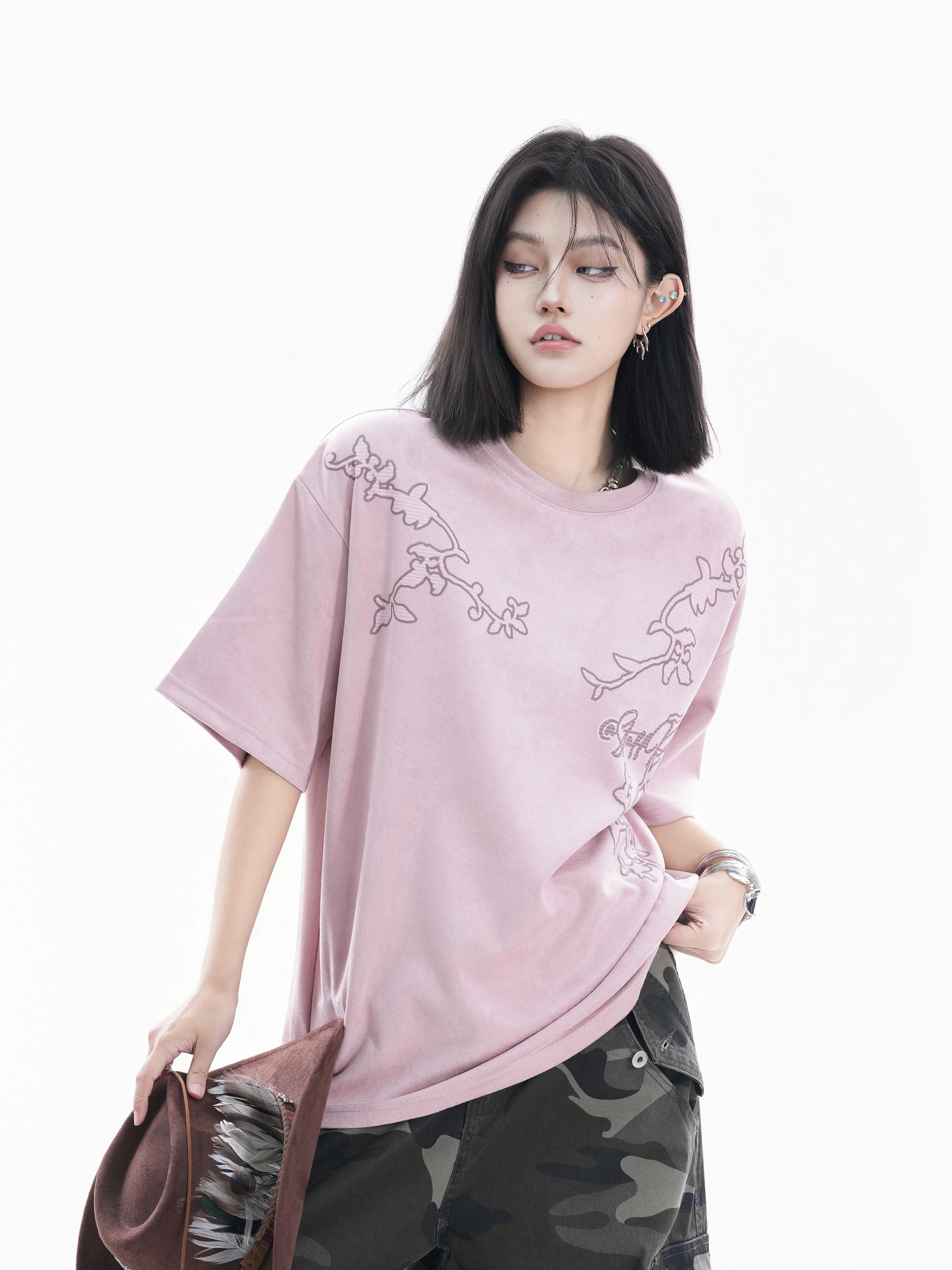 

Retro American Style Short Sleeve T-Shirt Women Loose Slimming Vine Embroidery Cotton Comfortable Breathable round Neck Top