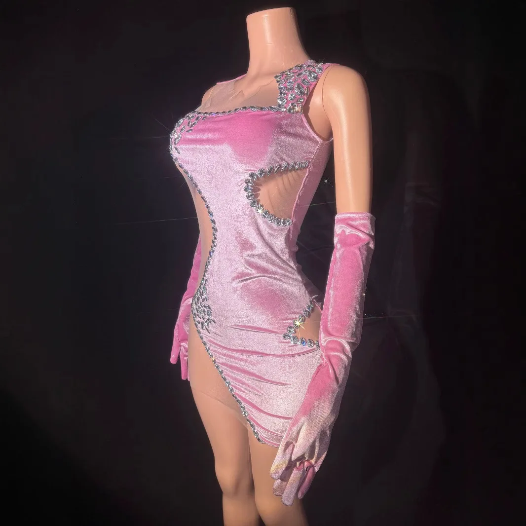 New Model Sparkling Diamond Birthday Party Dress Elegant Stage Performance Costume Women's Sheer Sleeveless Gloves Evening Gown