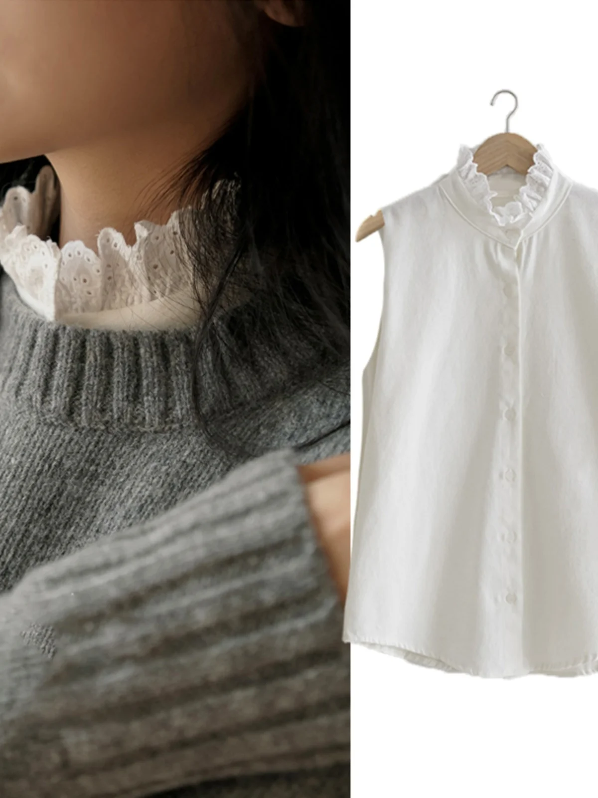 

White Blouse Women's Vest Svel Top under irt Flower Stand Collar Layering Fake Collar Blouse Korean Sle Loose Fit