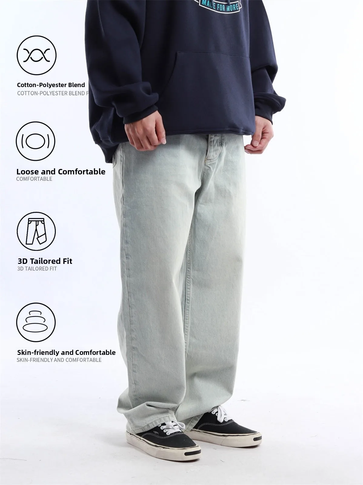 Retro Washed Japanese Style Loose Fit Straight Leg Light Blue Men's Jeans Casual All Season Denim Pants Youth Trend