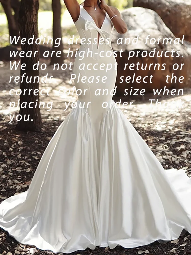 ชุดแต่งงานเจ้าสาวทรงเมอร์เมดแบบมีจีบ คอวี ผ้าซาติน แต่งโบว์ แขนกุด หรูหรา สามารถสั่งตัดได้