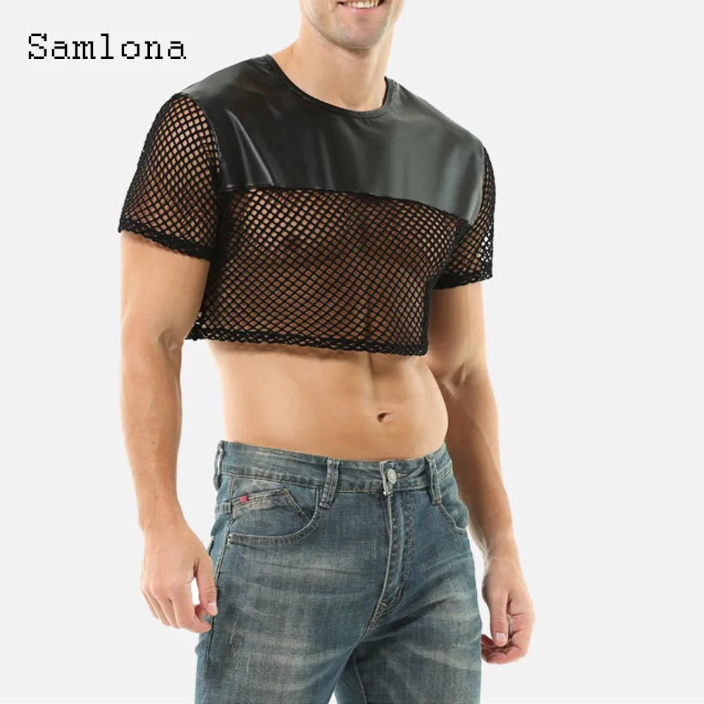 Men Fashion Rock Style Guaze PU Leather Tank Tops New Sexy Mesh Night Club Dance Vest Men's Matte Faux Leather Crop Top Black