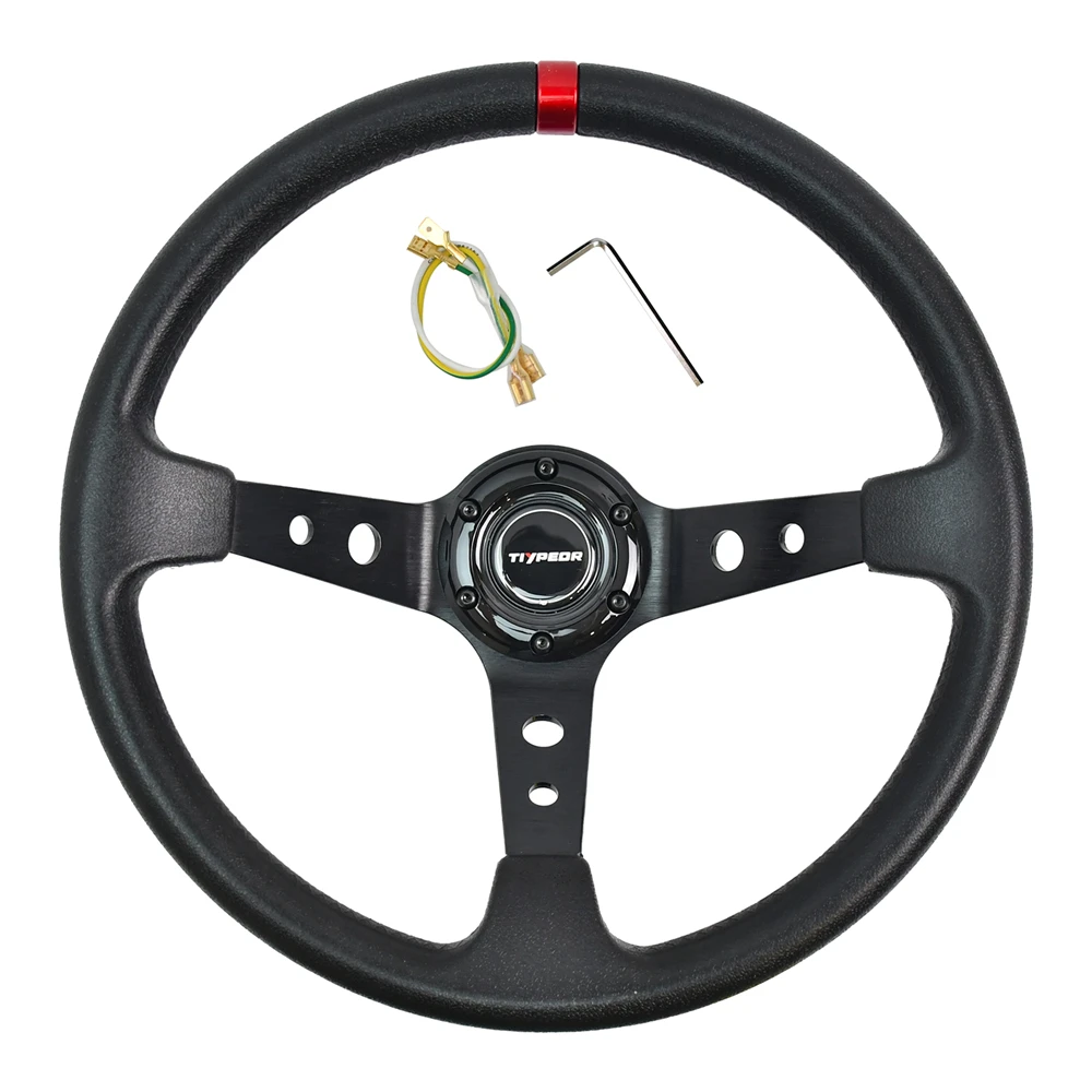 

TIYPEOR Universal Black Leather 340mm Deep Dish Steering Wheel for Car and Sim