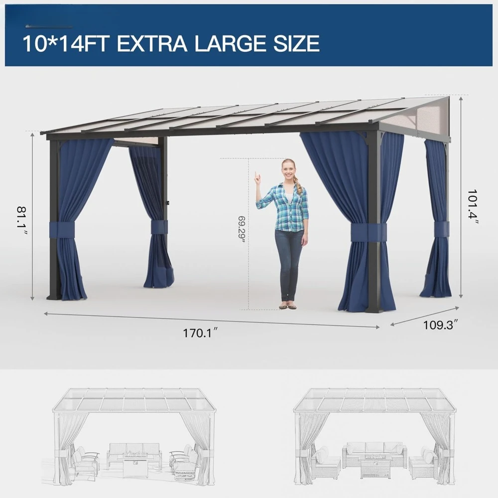 10' × 14' Hardtop Gazebo for Patio,Wall-Mounted Lean to Gazebo Pergola with Sloping Roof and Durable Aluminum Frame