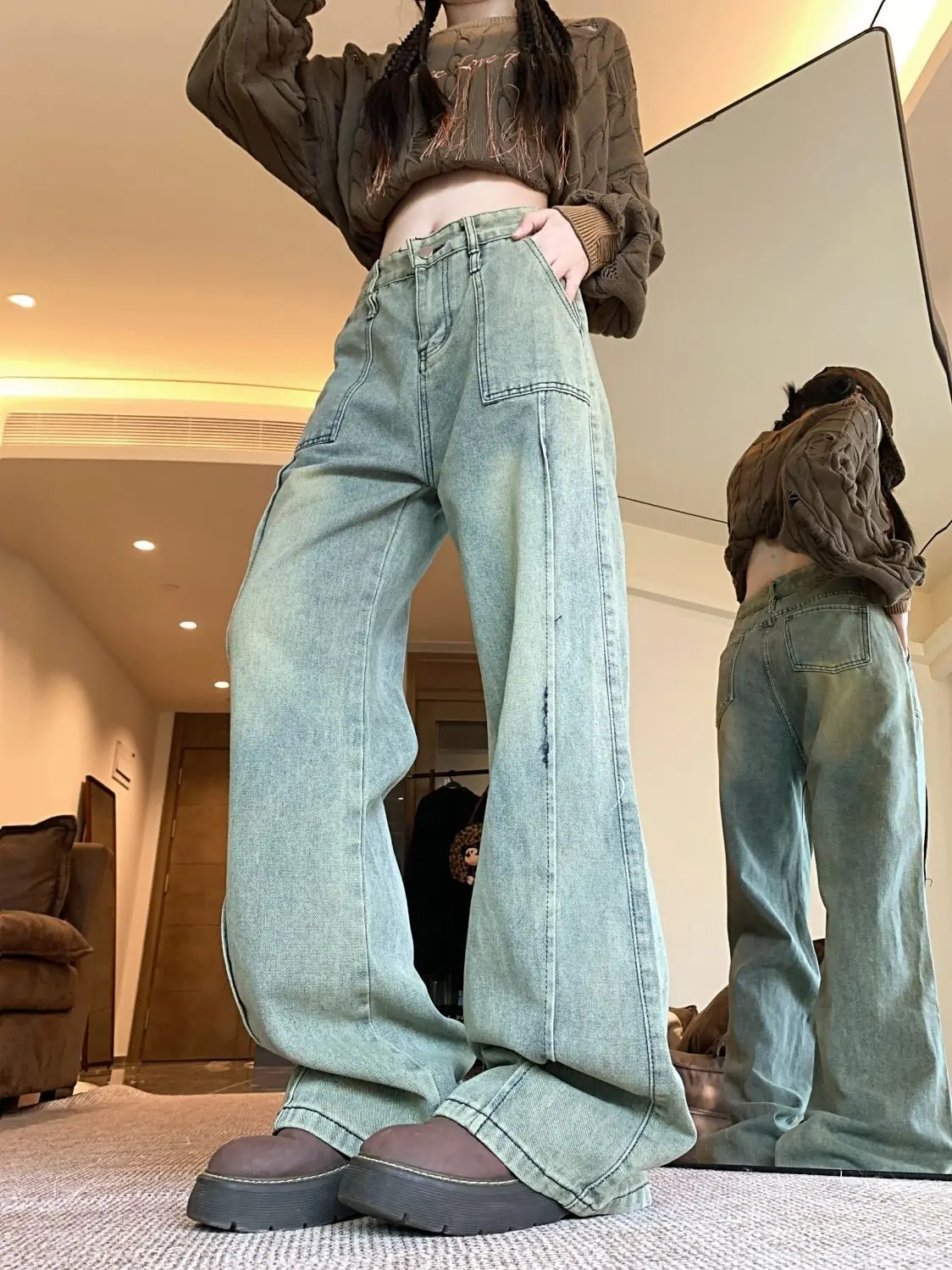 

Женские винтажные потертые лоскутные джинсы в стиле ретро с высокой талией, прямые брюки 90-х годов, уличная одежда, повседневные джинсовые брюки Y2K