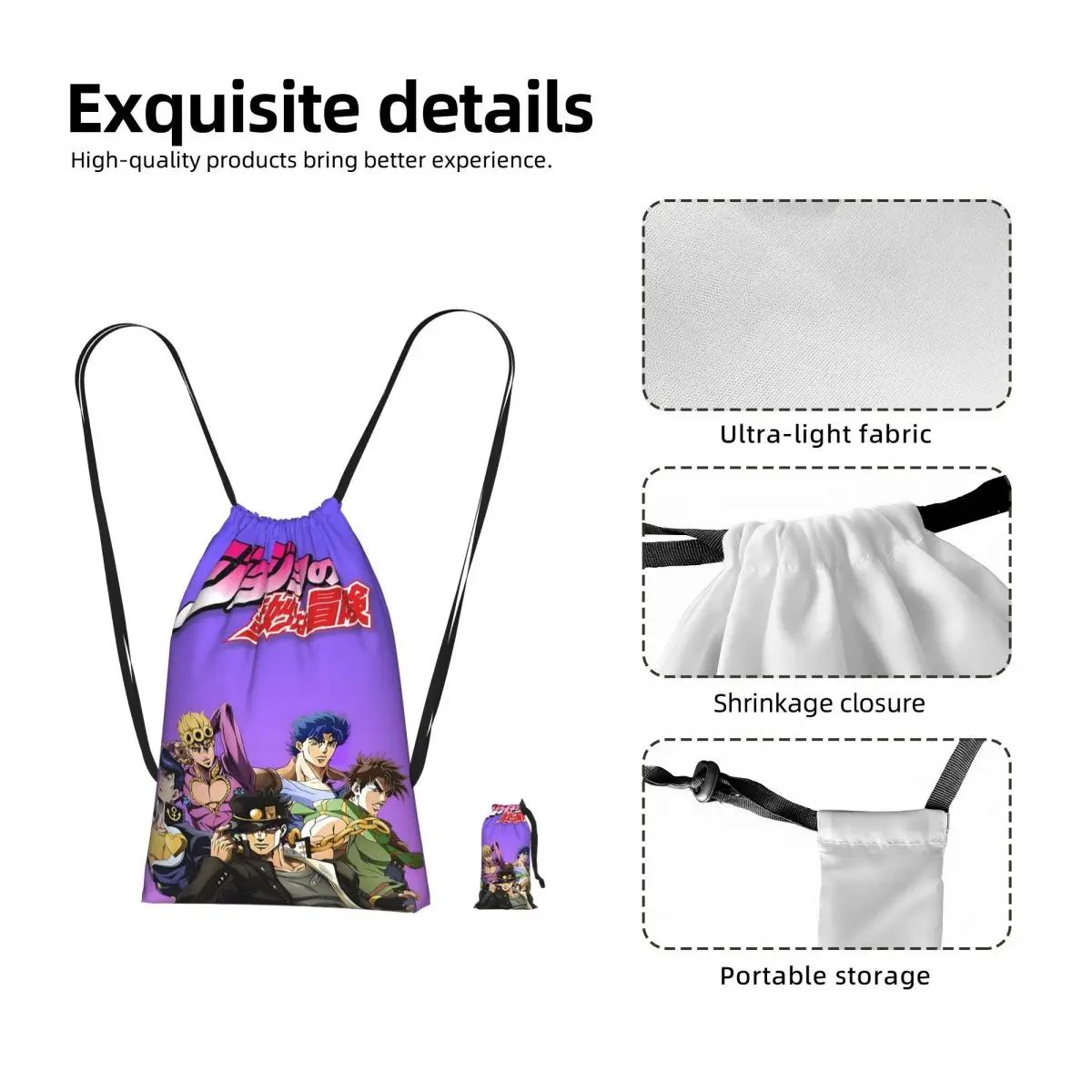 Jojo Bizarre Adventure Anime Cartoon Drawstring Backpack Sports Gym Bag Portable Travel Drawstring Bag for Men Women