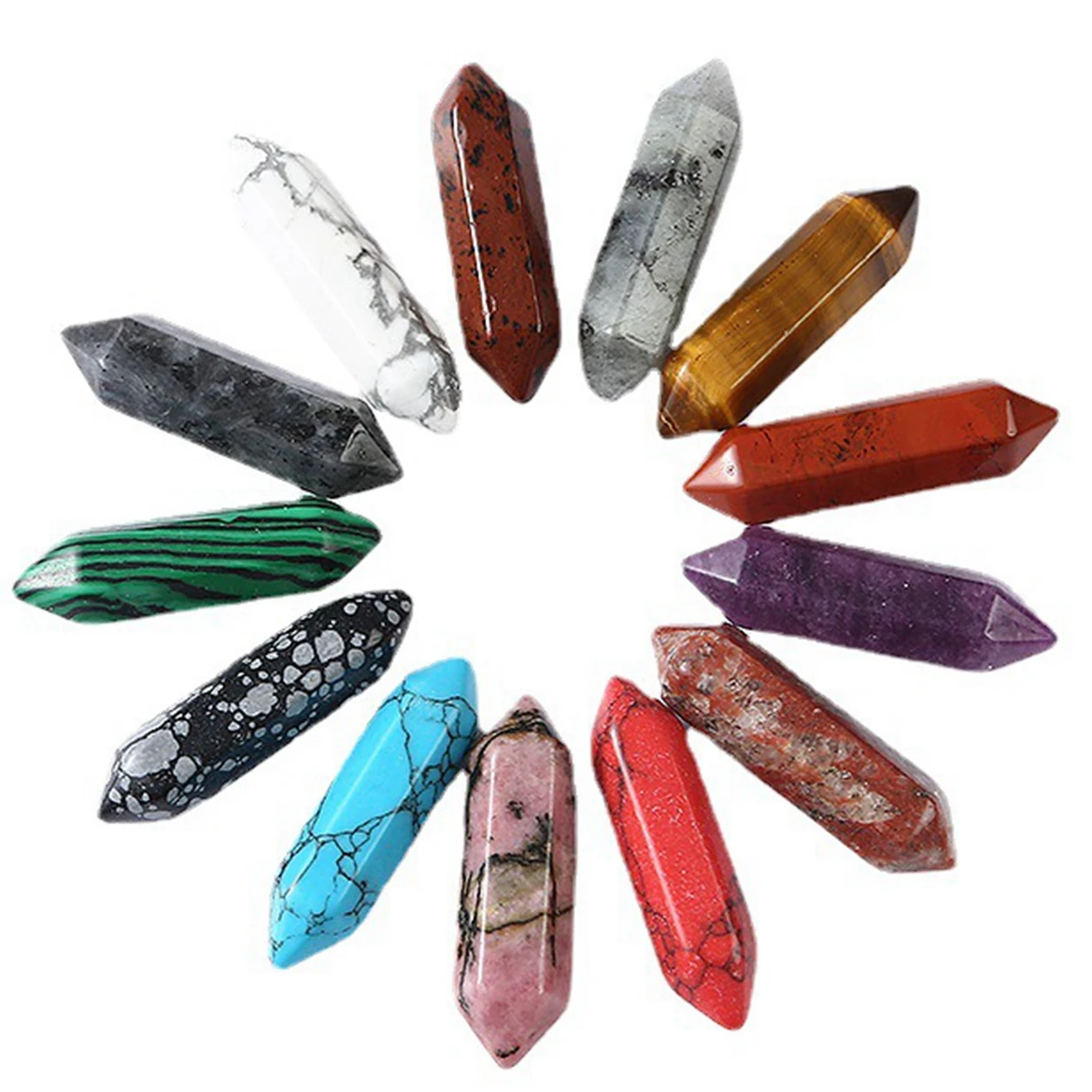 50PCS Double Hexagonal Point Gemstone 12X55MM Healing Chakra Crystal Reiki Stone Beads for MeditationTherapy Home Decor