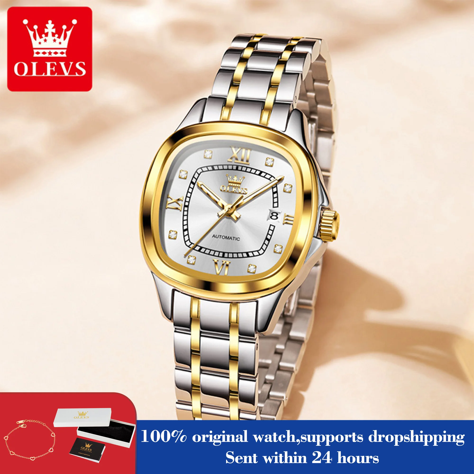 

OLEVS 9810, женские часы, лучший бренд, механические часы с деловой датой для женщин, роскошные оригинальные водонепроницаемые ручные часы с бриллиантовой шкалой