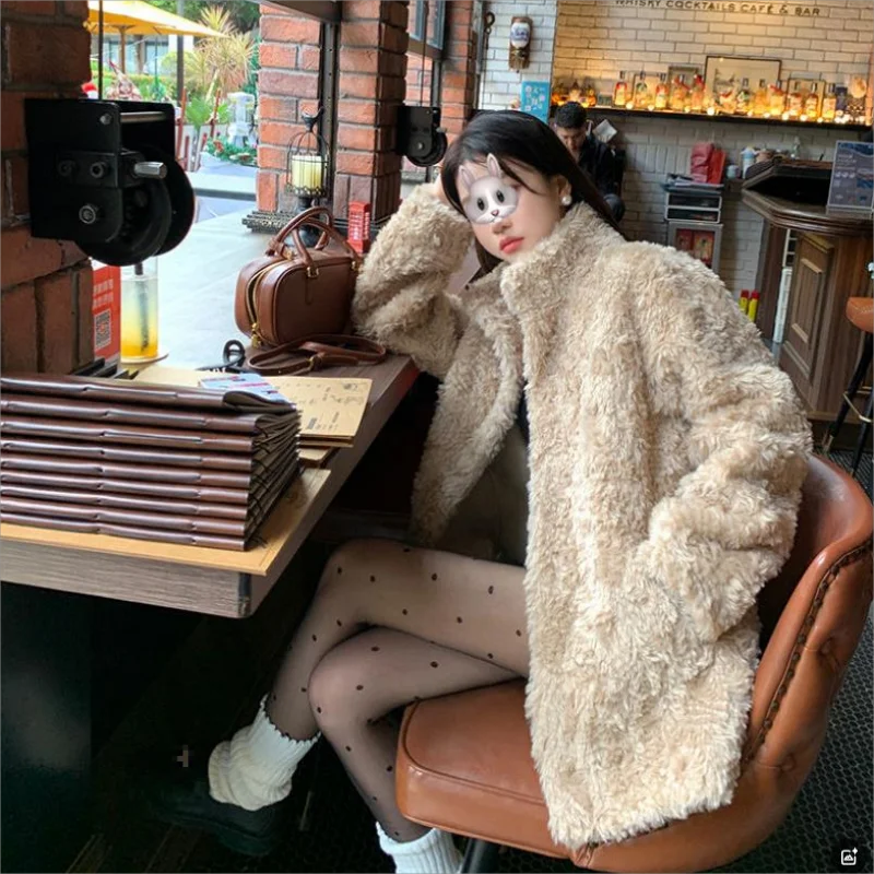 Autumn and winter new women's clothing high-end stand collar artificial fur imitation lamb plush coat jacket