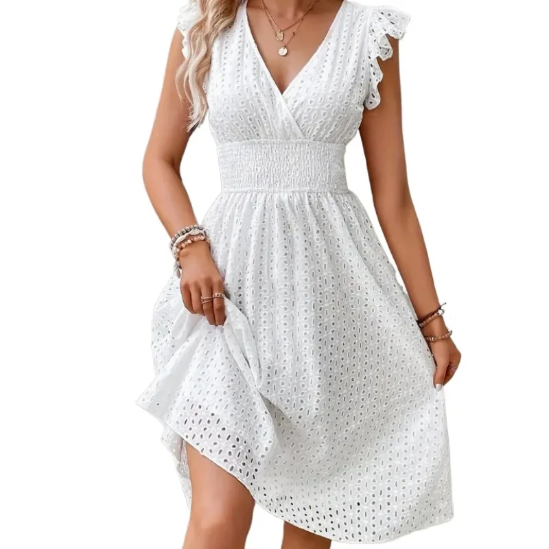 

Summer Lotus Leaf Sleeves V-neck Women's Hollow Short Dress