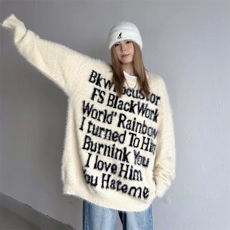 Letter Round Neck Sweater For Women In Autumn And Winter Loose And Lazy Style Pullover Knit Shirt Trendy And Soft Glutinous Tops