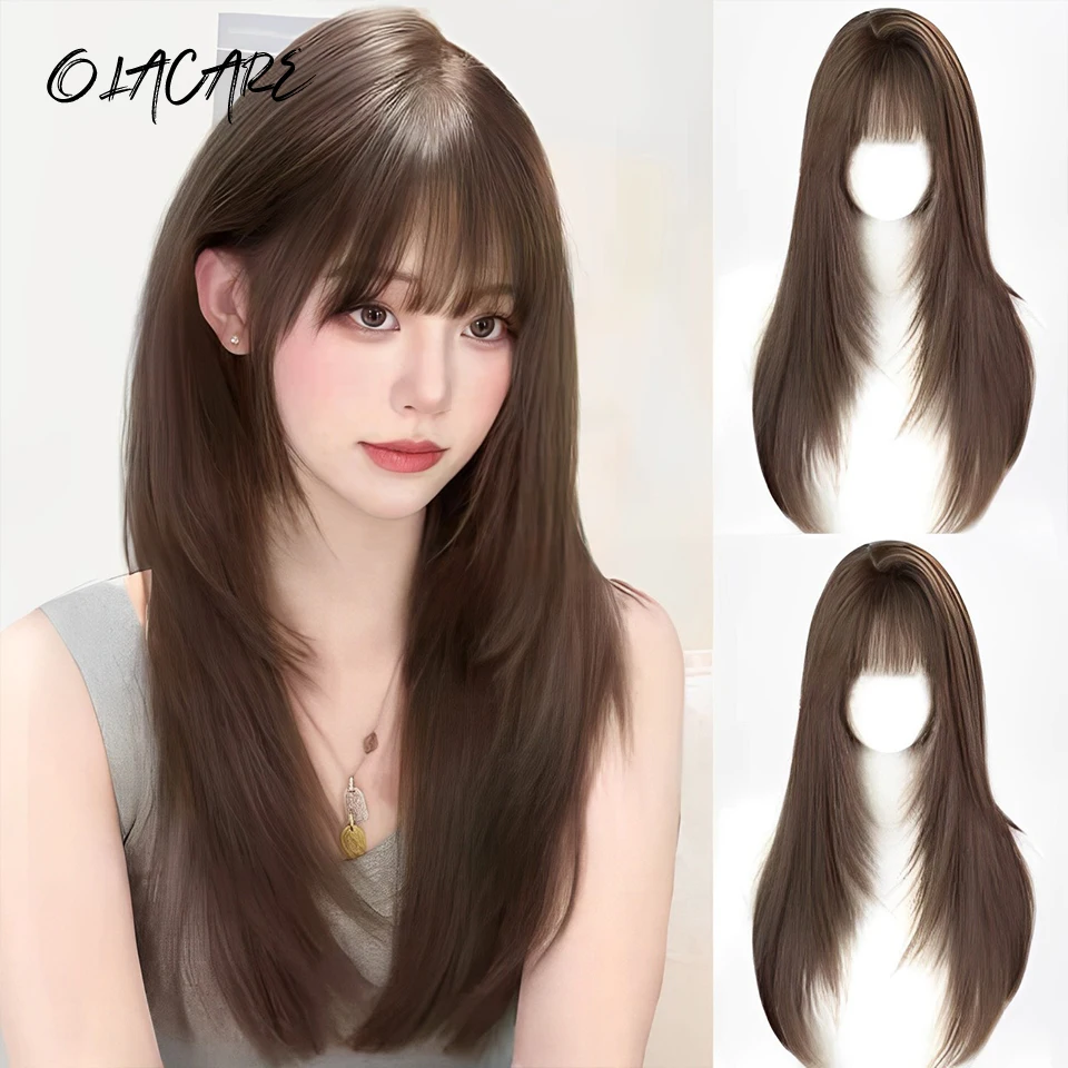 

LM Long Silky Straight Synthetic Wigs with Bangs Brown Black Cosplay Party Lolita Hair Wigs for Women Natural Heat Resistant Wig