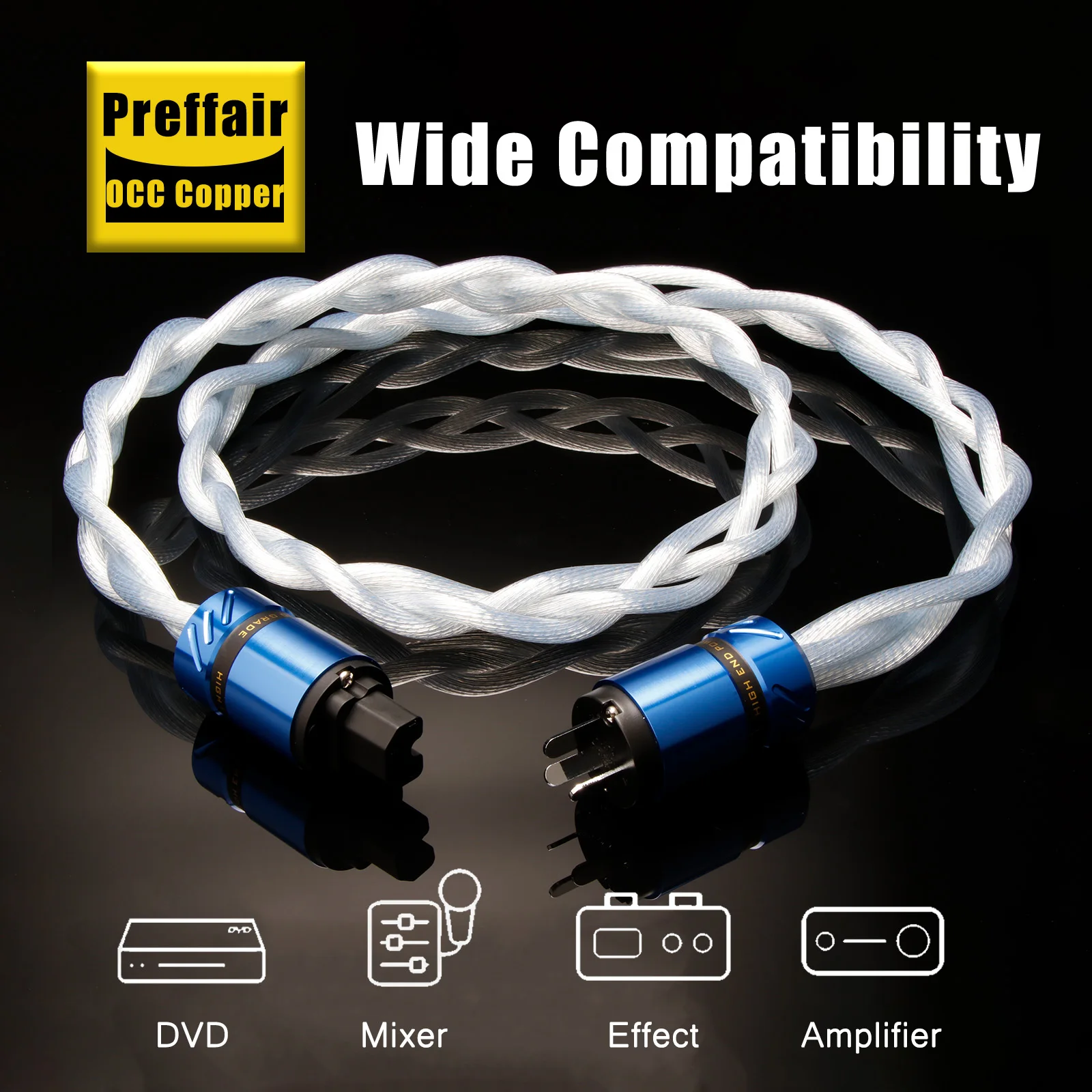 Preffair X410 AC Power cable 5N OCC single crystal Copper Cords US/EU/Au rhodium plating-C15 plug for audio amplifier DAC filter