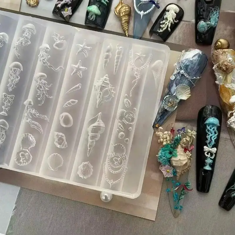 Stampo per unghie in silicone 3D serie Ocean per unghie Medusa Stella marina Conchiglia Stampi per unghie Modelli per intaglio Disegni per unghie per manicure Parti per unghie
