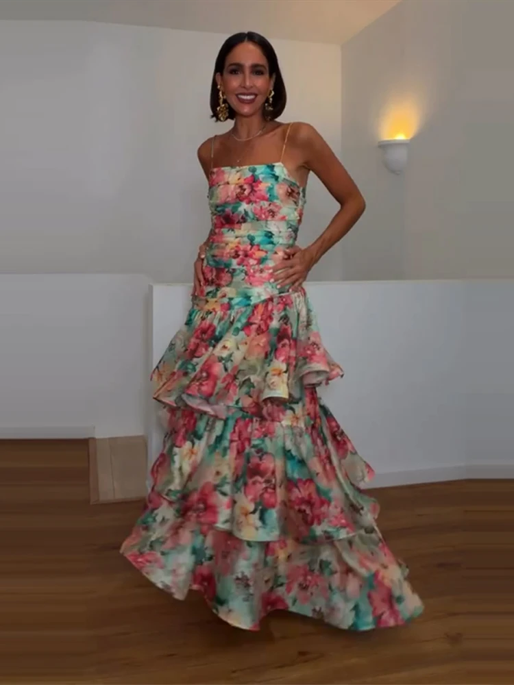 Bedrucktes, tailliertes, langes Slip-Kleid für Damen, sexy, ärmellos, rückenfrei, mit Falten, kaskadierenden Rüschen, großem Rock, Party- und Abendkleid, neu – Detail 3