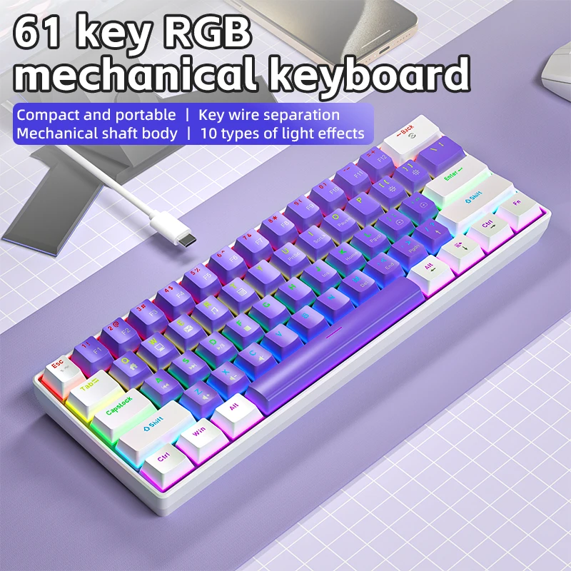 Teclado mecânico para jogos NexusClick, com 61 teclas, conexão com fio, tipo C, teclas RGB removíveis, fabricado em ABS, portátil, mini teclado para e