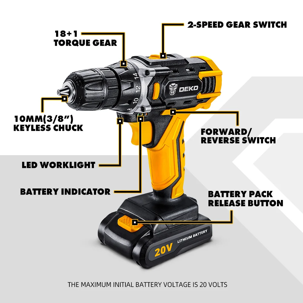 DEKO 20V Cordless Electric Drill DC Lithium-Ion Battery 3/8-Inch for Home DIY Mini Wireless Power Driver Woodworking Tools