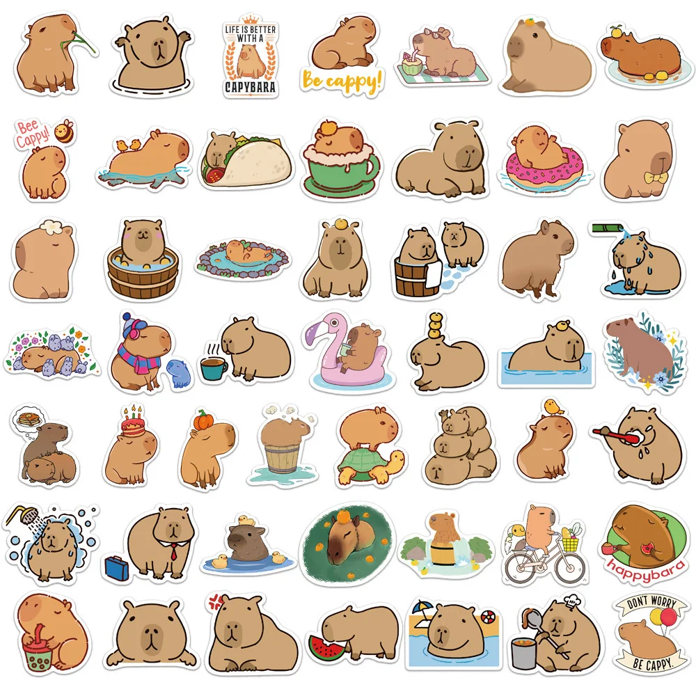 สติกเกอร์สร้างสรรค์มีสไตล์การ์ตูน capybara 10/30/50ชิ้นตู้เย็นโต๊ะคอมพิวเตอร์โทรศัพท์สเก็ตบอร์ดกันน้ำขายส่ง