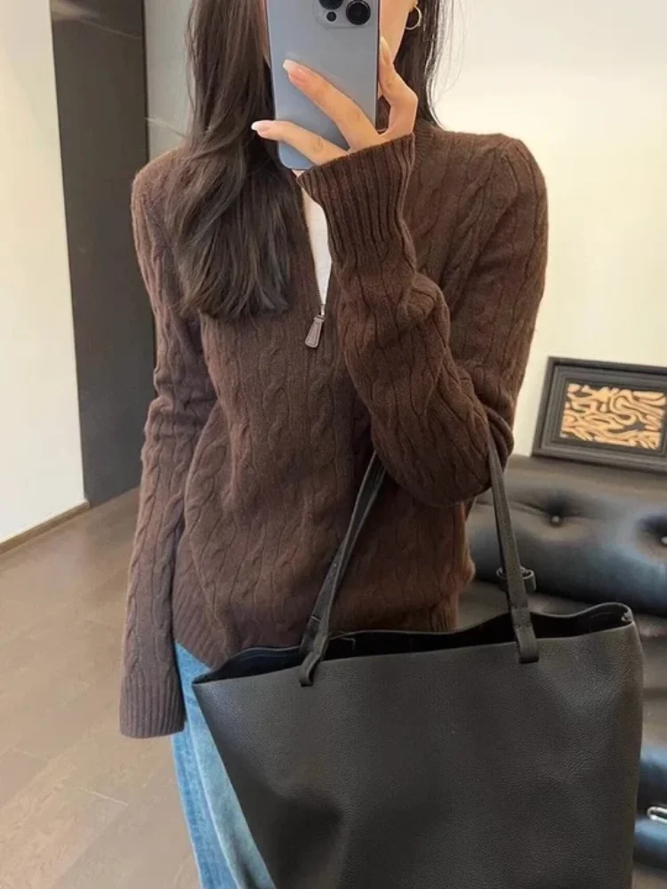 

Вязаный женский свитер с воротником-стойкой в американском стиле ретро, осенний модный женский свитер с высоким воротником Maillard