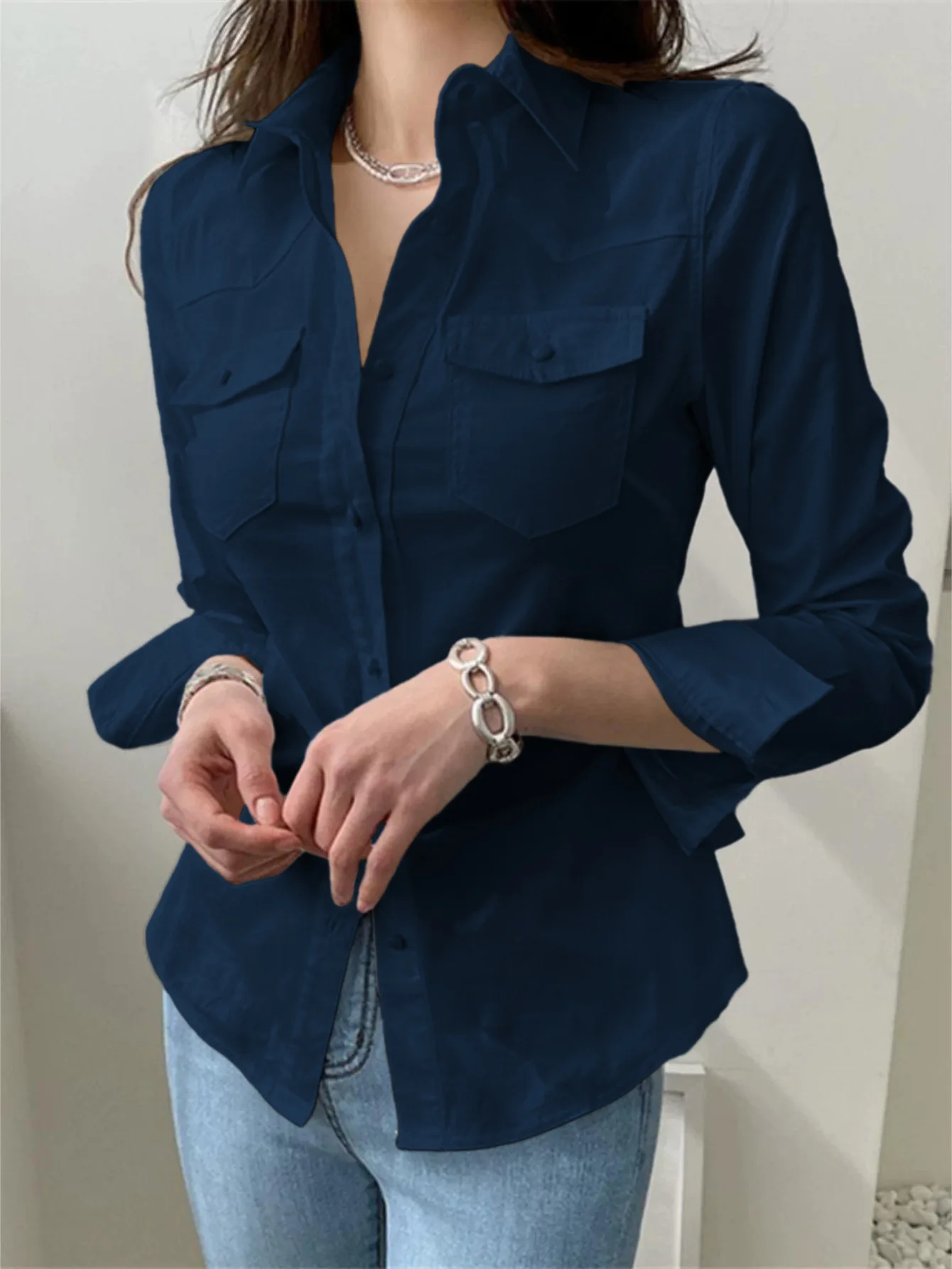 

Fashionable Slim Fit Solid Color Lapel Long Sleeved Shirt, Elegant and Classic Women's Temperament, Versatile Workwear Shirt
