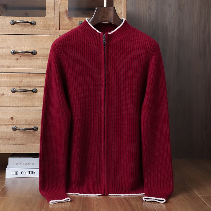 

Men's Business Bamboo Needle Thick O-Neck Basic 100% Cashmere Knitted Cardigan Chic Long Sleeve Casual Exquisite Sweater Tops