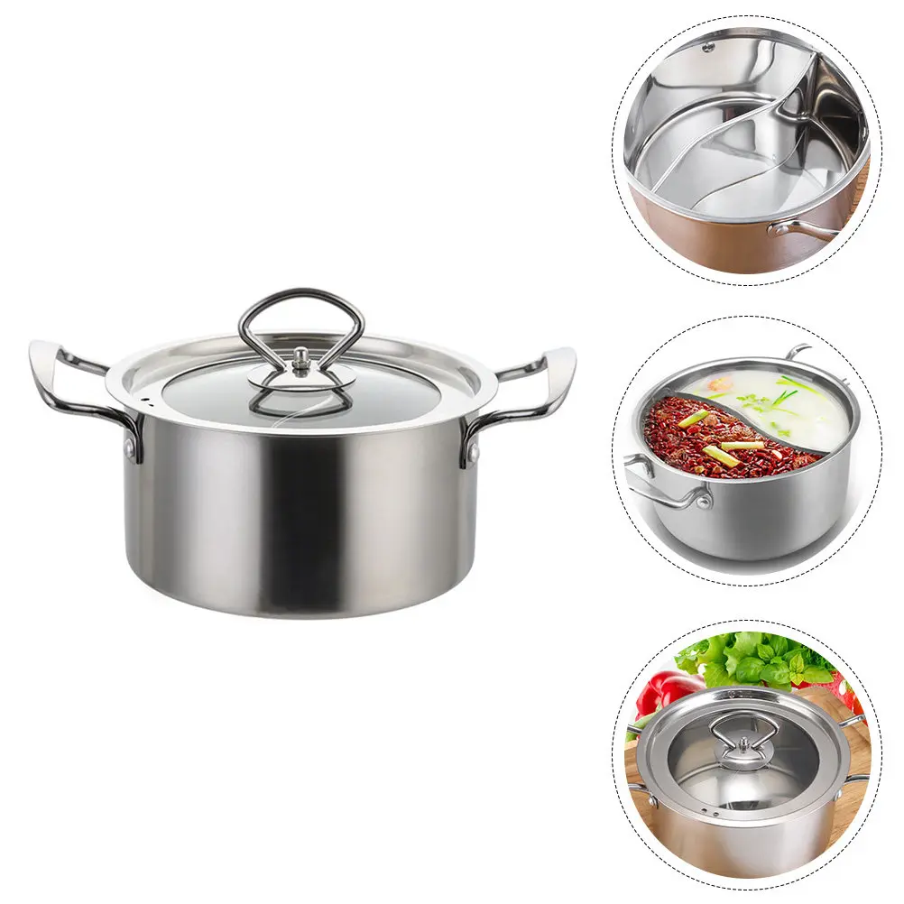 1Set Y-Shaped Two Flavor Hot Pot Stockpot Premium 304 Stainless Steel Thickened Body Dishwasher Safe Transparent Lid for Family