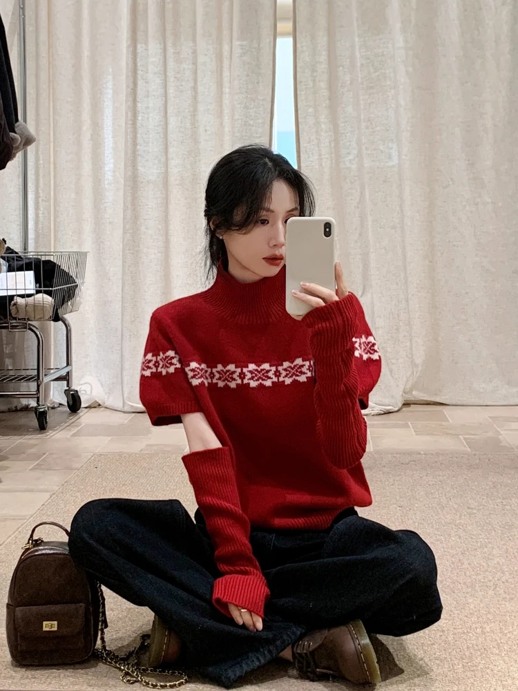 

Красный вязаный шерстяной свитер в стиле Fair Isle для женщин, осенне-зимний, с высоким воротником, полностью шерстяной жилет, повседневный, утепленный