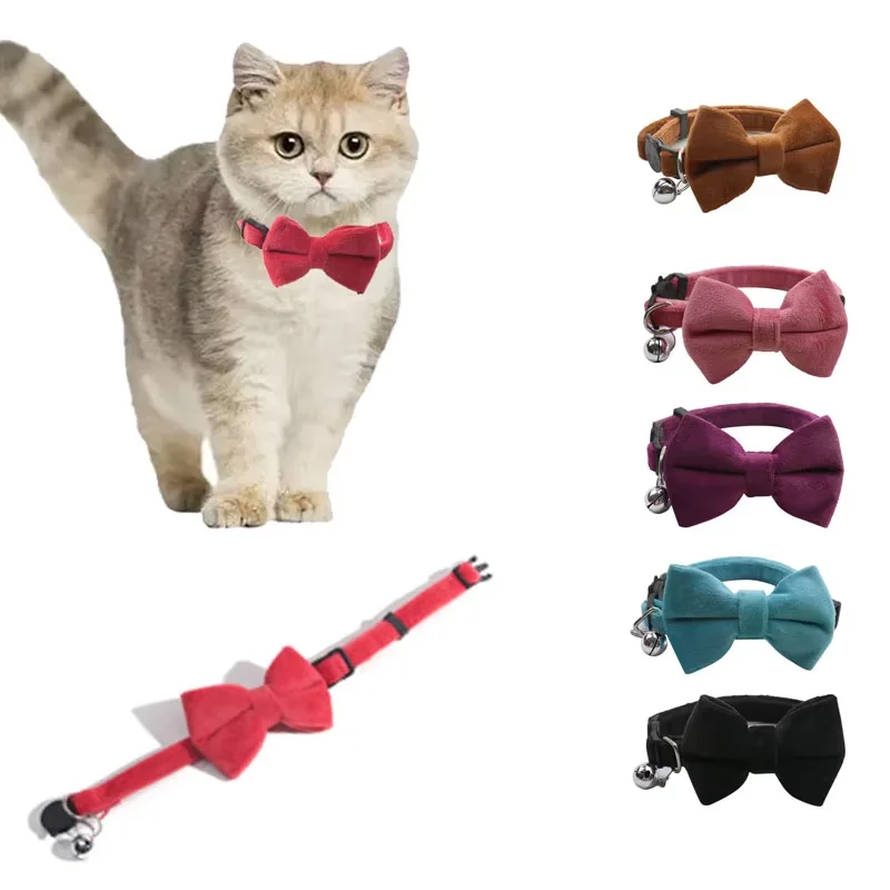 Collar de Terciopelo para Gatos, Color Sólido, con Lazo, para Cachorros y Chihuahuas, con Campana, Hebilla de Seguridad Ajustable, Accesorios para Mascotas