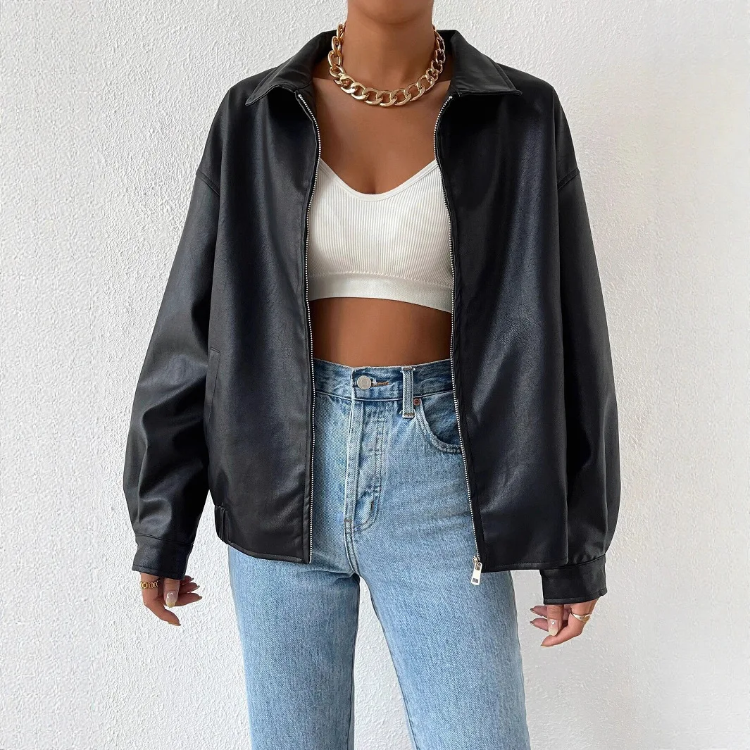 Solid Long Sleeve PU Leather Moto Jacket Women's Lapel Casual Outerwear 4