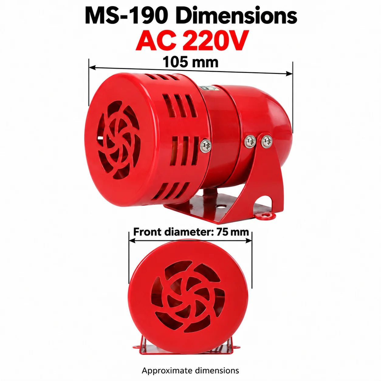 MS-190 AC 220V Motor Siren Red Metal Alarm with Screw Mounting Bracket 105mm Body and 150mm Leads for Industrial Use 1 Piece