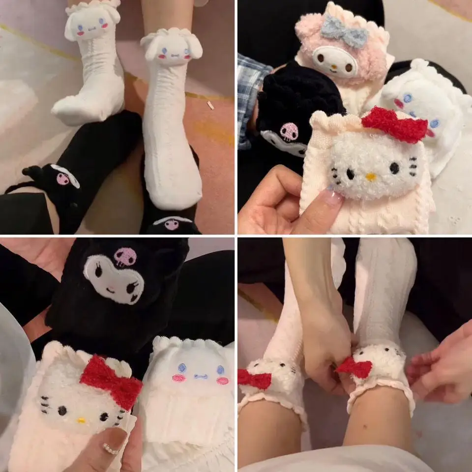 Chaussettes longues en coton Anime pour filles, Hello Kitty, My Melody, Cinnamoroll, Kuromi, Kawaii, Mignon, Chaud, Automne, Hiver