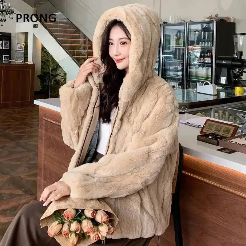 100% Real Rabbit Fur Coat Women Winter Loose Hooded Zipper Natural