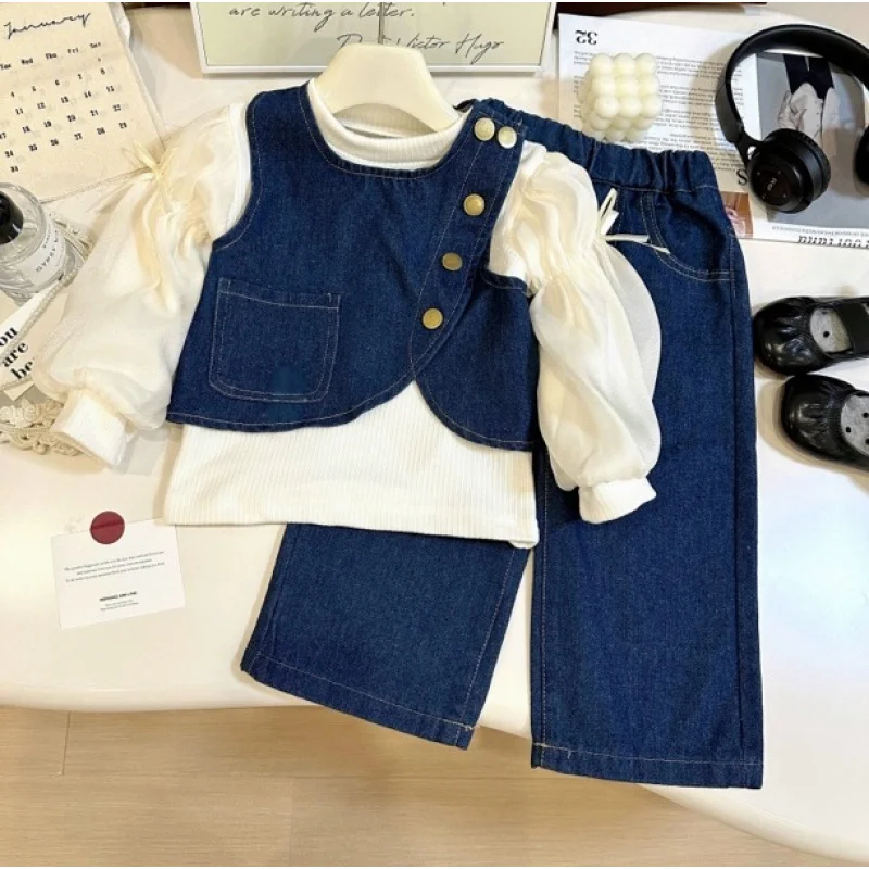 

Children's New Autumn Korean Style Girls' Fashion Casual Trendy Base Shirt and Jeans Three-Piece Set