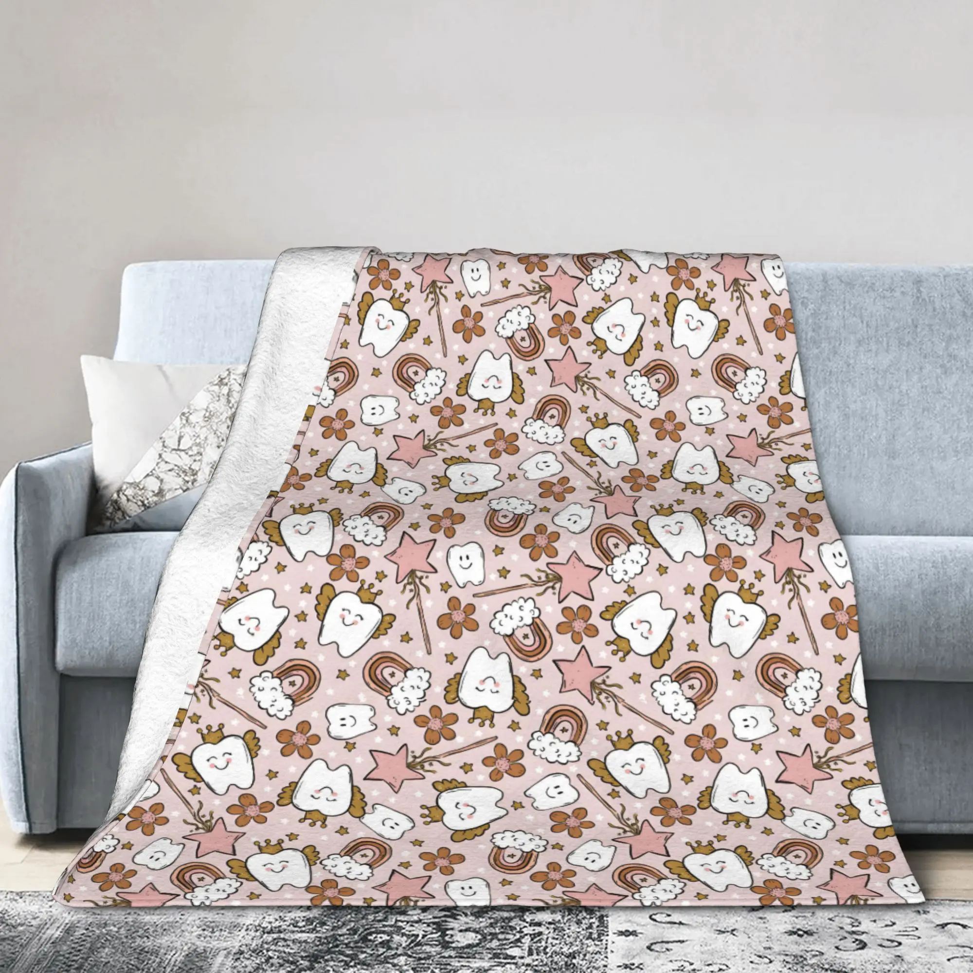 Custom Tooth Fairy Pattern Teeth Blankets Comfortable Soft Flannel Autumn Dental Health Throw Blanket for Couch Home Bedding