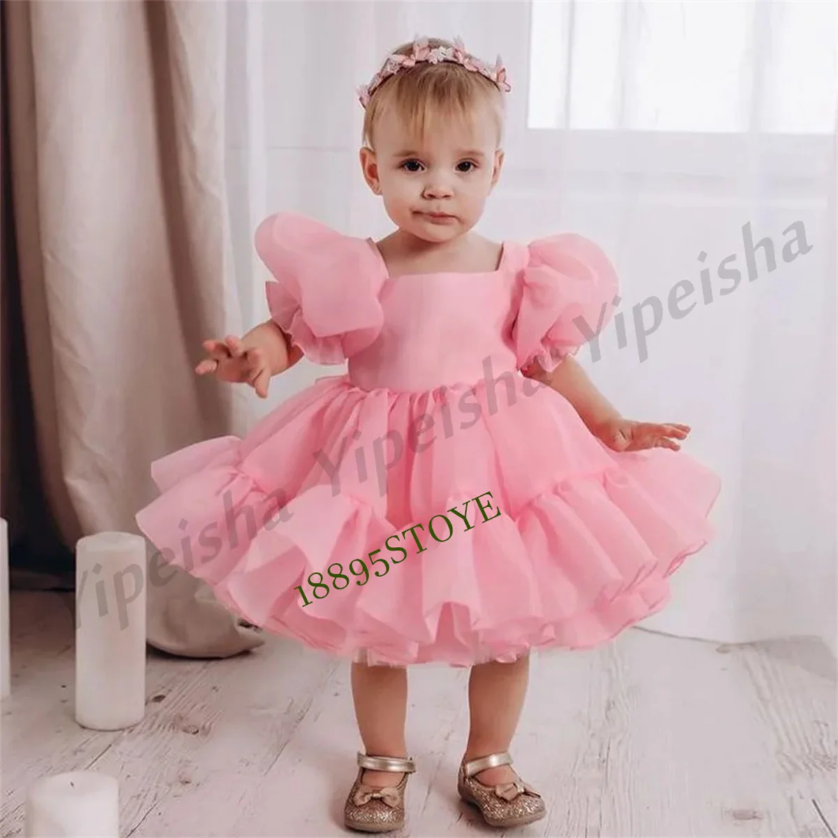 Cute Baby Girl Organza Flower Dress Princess Party Gown Short Sleeves O Neck Puffy Birthday Communion Dresses for Christmas