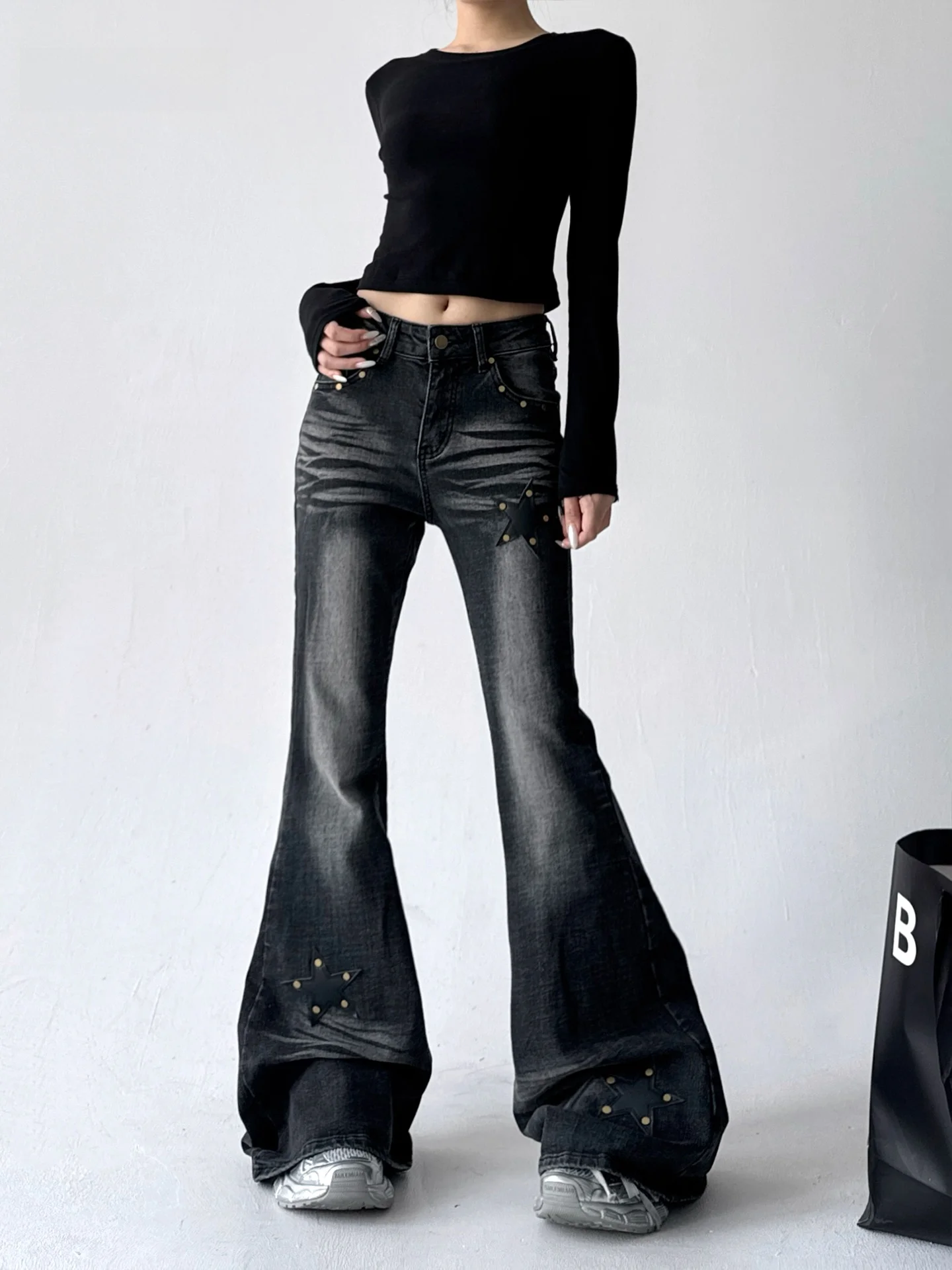 

Retro American Spicy Girl Micro Flared Jeans Women's Autumn Winter New Sle Faded Elastic Slimming Hoof Pants