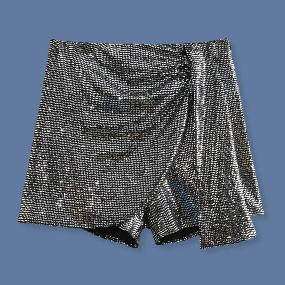 

Women Polyester Shorts Sparkling Sequin Women's High Waist A-line Shorts Skirt Irregular Above Knee Length for Party Performance