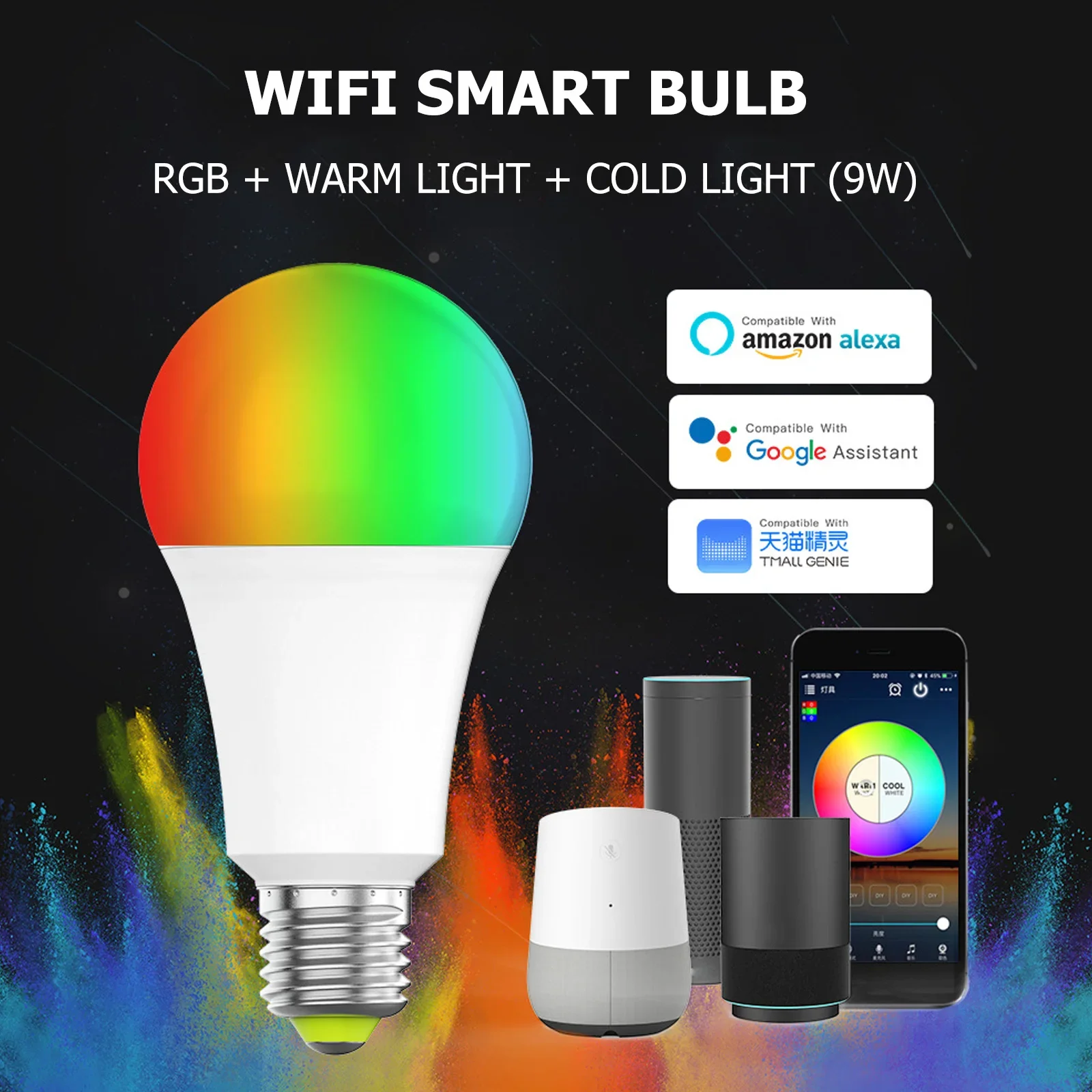 9W WiFi Smart Bulb RGBCW Dimmable Color Changing Lamp - Remote and Voice Control