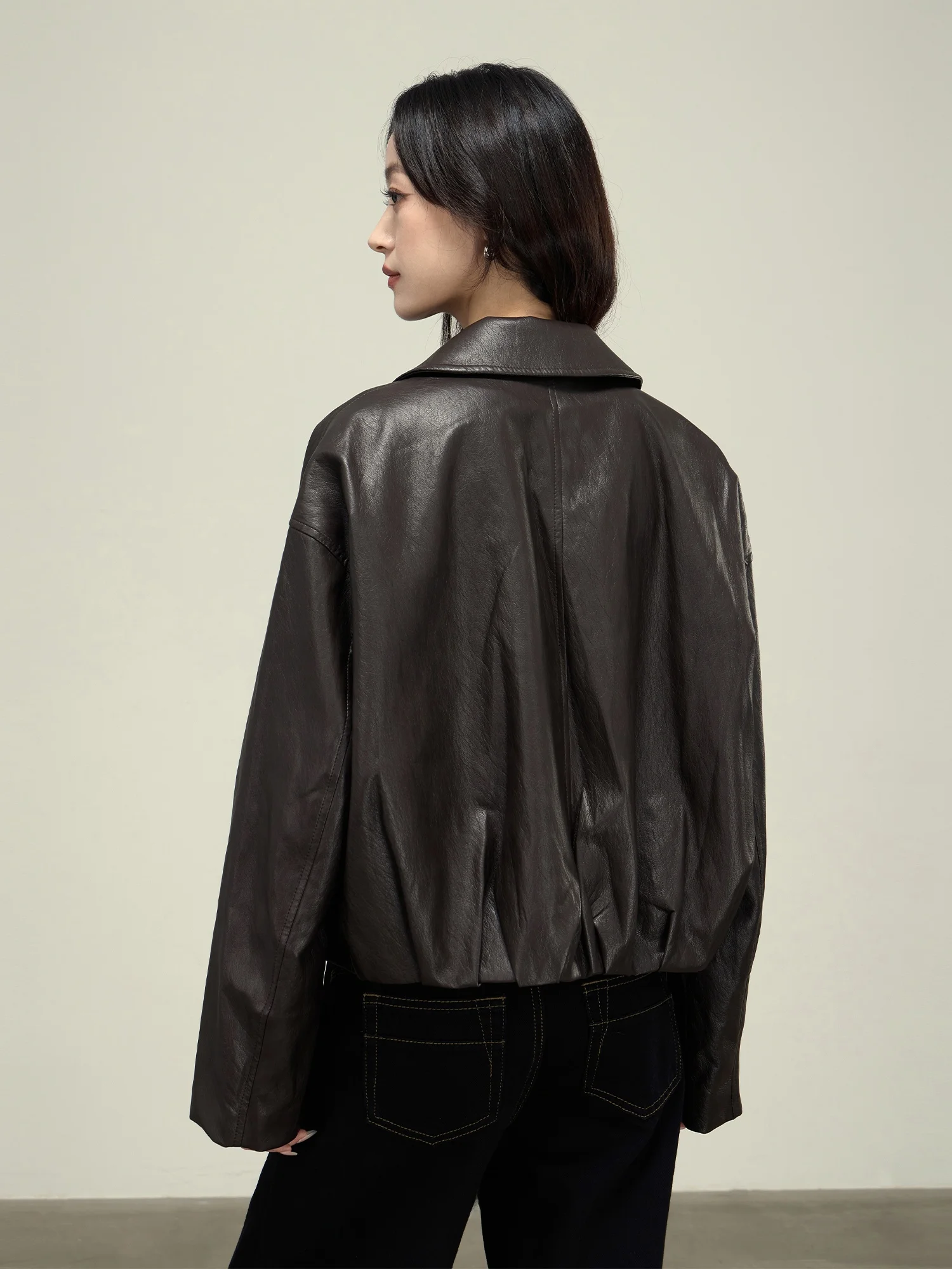 Jaqueta Corta-Vento Feminina Sli Cool de Couro Marrom Escuro com Gola Alta para Primavera e Outono – Tendência para o Dia a Dia, Manga Longa