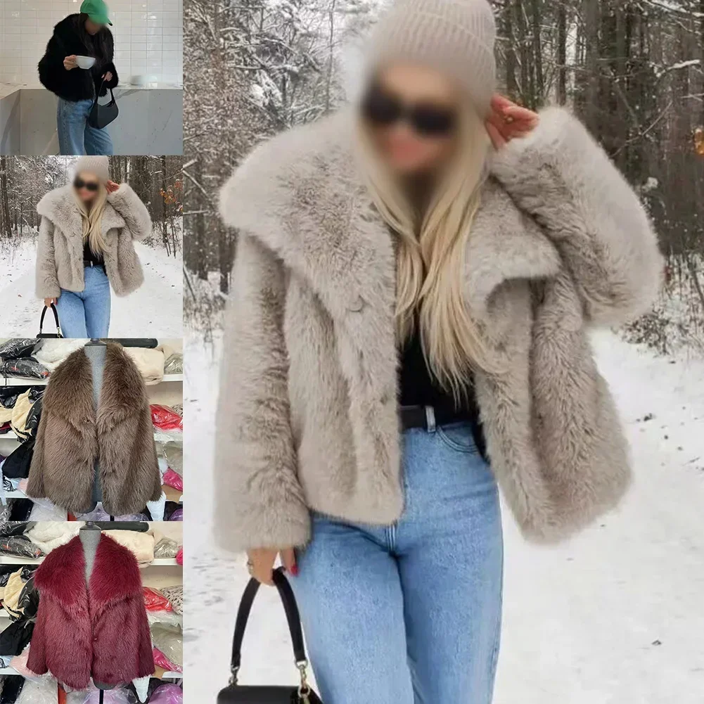 

Women Autumn Winter Daily Fluffy Warm Solid Lapel Jackets Ladies Fashion Oversized Coat Women's Clothing