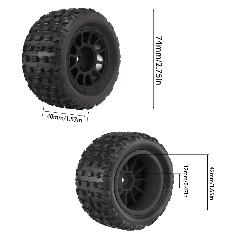 RC 4개 74mm 고무 타이어 12mm 헥스 1/16 1/18 MJX 하이퍼 고 SCY Wltoys RC 자동차 업그레이드 부품 액세서리