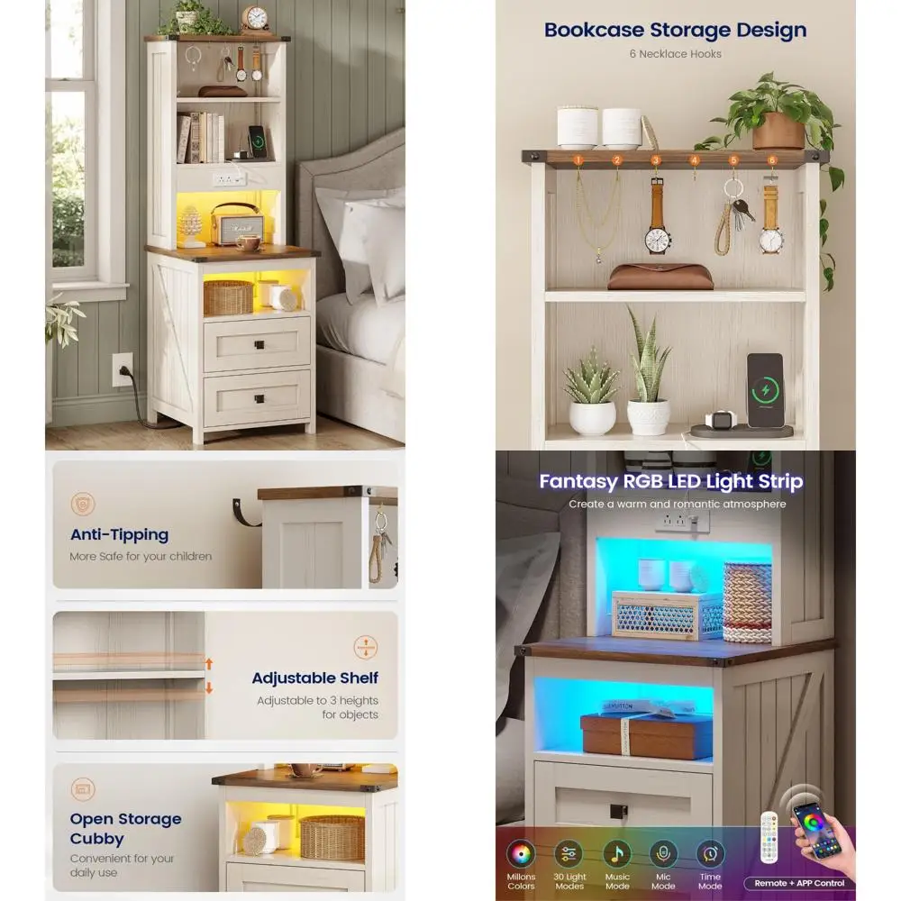 โต๊ะข้างเตียงพร้อมที่ชาร์จ 2 ลิ้นชัก ชั้นวางหนังสือ LED สีขาว โต๊ะข้างเตียง 6 ฟังก์ชั่น