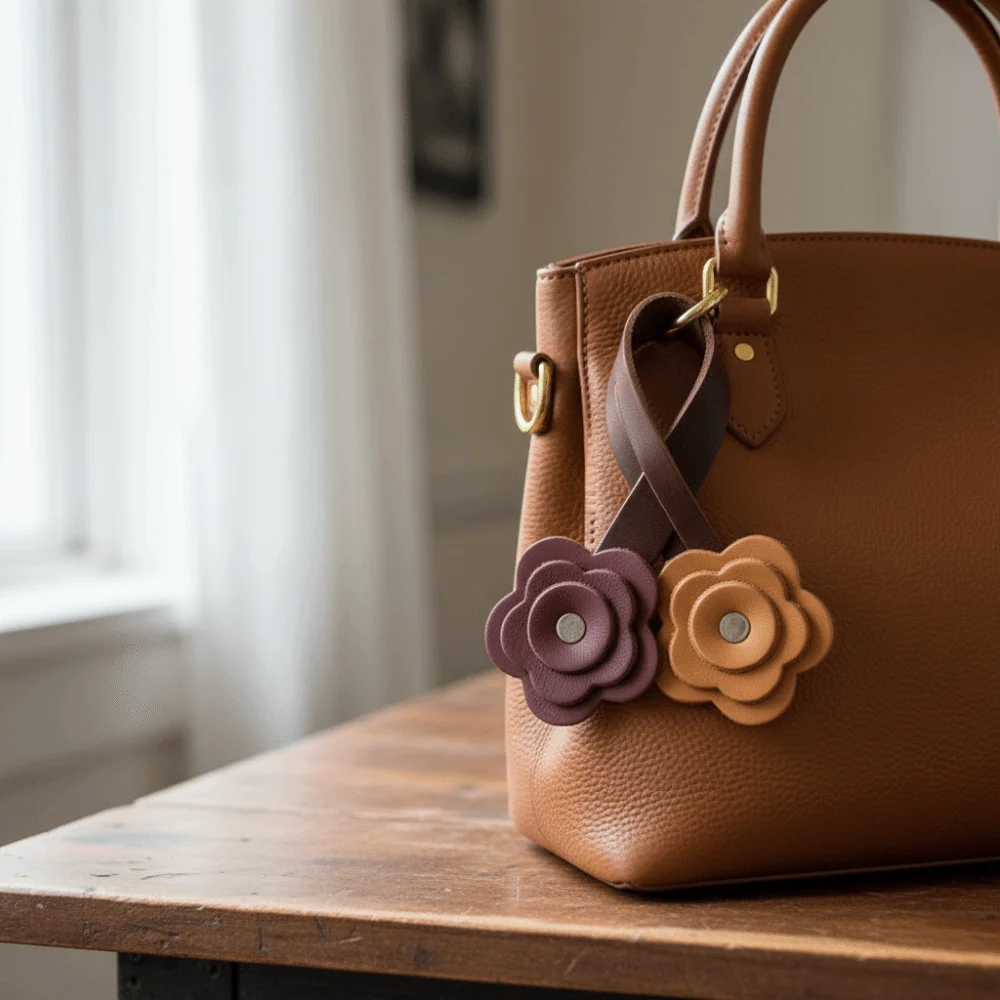 Fashion Rose Bag Charm PU Leather Solid Color Flower Bag Accessory Hanging Handmade Decorative Pendant For Tote Crossbody Bag