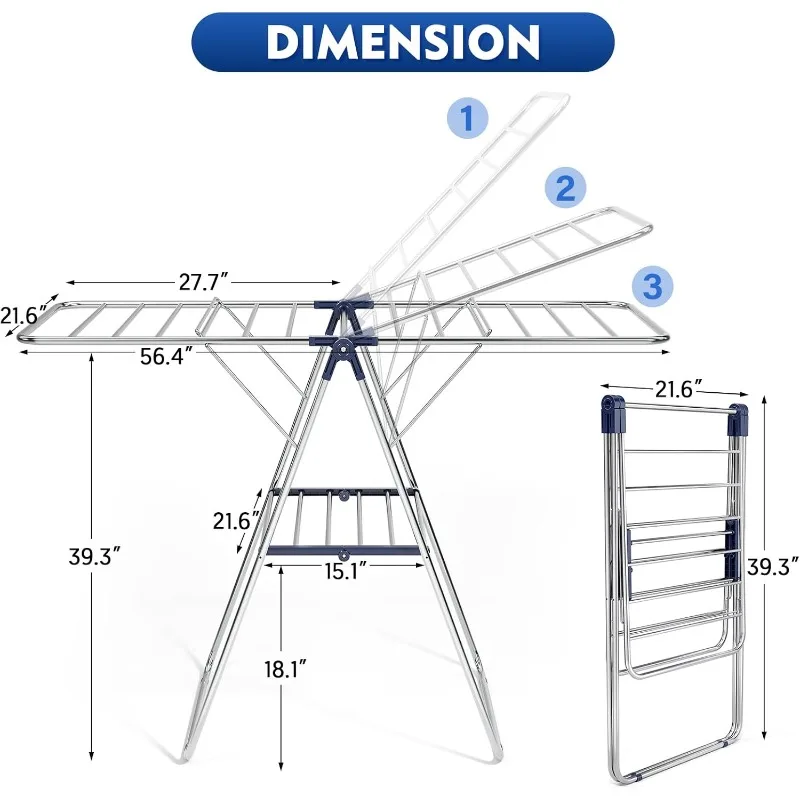 Clothes Drying Rack, Drying Rack Clothing with Height-Adjustable, Foldable Gullwings Laundry Drying Rack, Indoor Outdoor Use