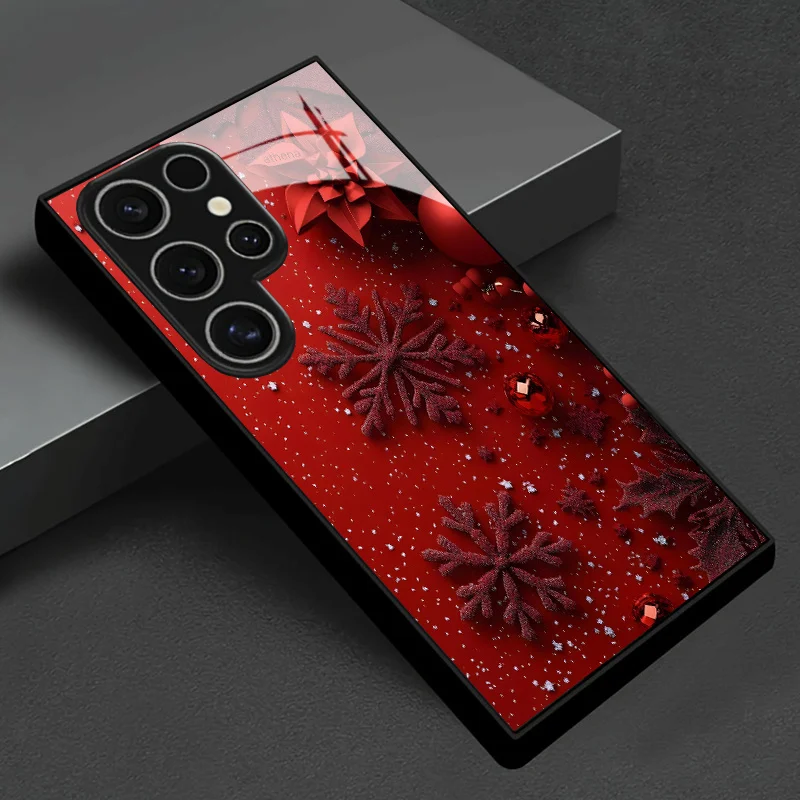 Red Snow Christmas Decorative Glass Phone Case Suitable for Samsung Galaxy S26 S25 S24 S22 S21 S20 FE/Ultra/Plus Anti Drop