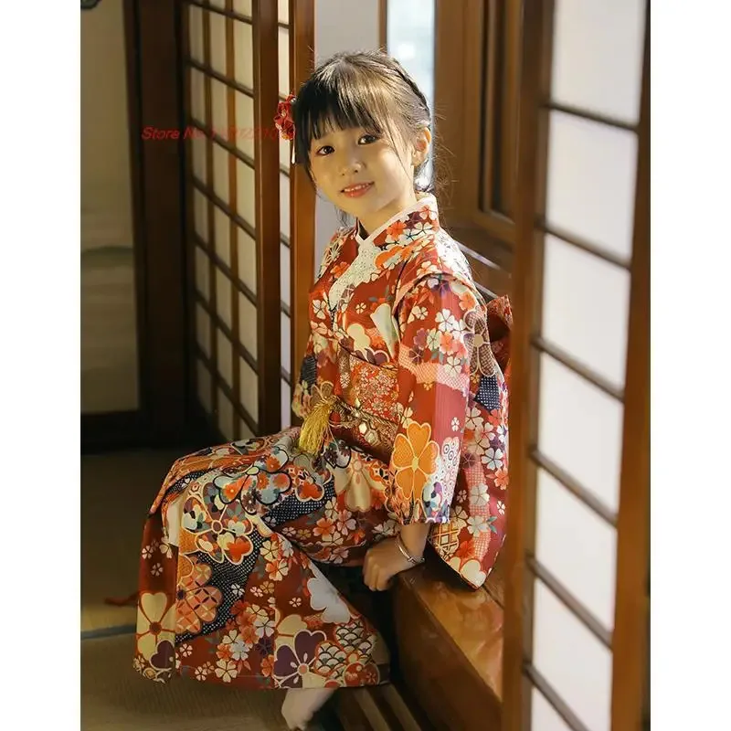 

2025 children's vintage dress japanese kimono robe national flower print kimono dress traditional kimono yukata japanese dress